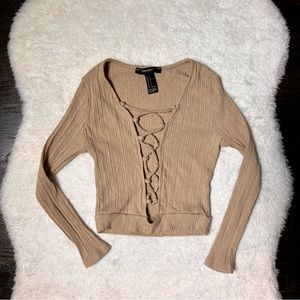 Forever 21 Tan Rib Knit Lace Up Long Sleeve Crop Top Small
